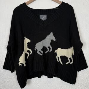Knitted Dove Horse Sweater V-Neck Dolman Sleeve Wool Blend Equestrian Large